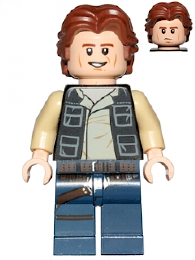 Han Solo — Han Solo - Black Vest with Pockets over Tan Shirt with Dark Tan Creases, Dark Blue Legs with Belts, Wavy Hair