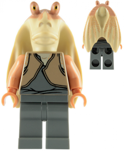 Jar Jar Binks — Jar Jar Binks - Dark Tan Torso, Printed Head with Dark Tan Top, Dark Bluish Gray Legs